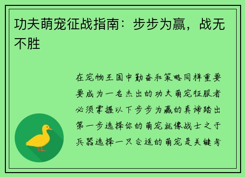 功夫萌宠征战指南：步步为赢，战无不胜