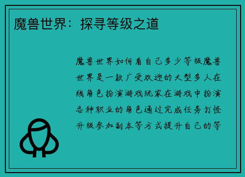 魔兽世界：探寻等级之道